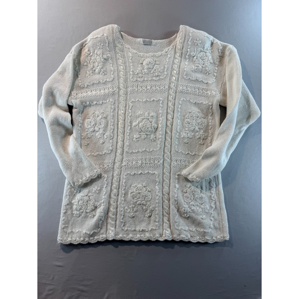 Vintage Cream Cable Knit Floral Embroidered Sweater Pearl Detail‎ Cottagecore